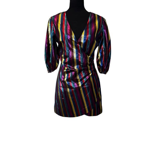 Lovers + Friends Frida Mini Dress Size SMALL V Neck Rainbow Metallic Party NYE - Picture 2 of 11